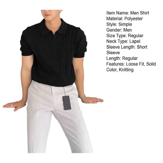Summer Men Lapel V-neck Knitting Tops Short Sleeve Solid Color Loose Fit