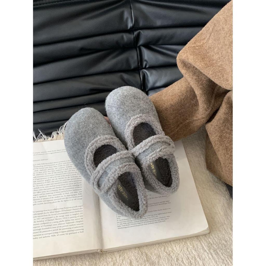 Fashion Thick Soled Fleece Flet Ballet Flats Woman Winter Warm Wool Mary Jane Shoes Ladies Brand Design Elegant Plush Loafers