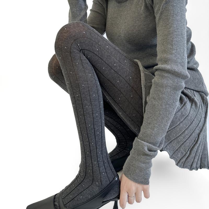 Women's High Waist Thermal Winter Fall Opaque Tights Dots Pattern Elastic Waistband Soft Cotton Ribbed Fabric Pantyhose