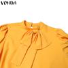 VONDA Women Plus Size Stand Collar Tie Decorated Long Sleeve Solid Color Dresses