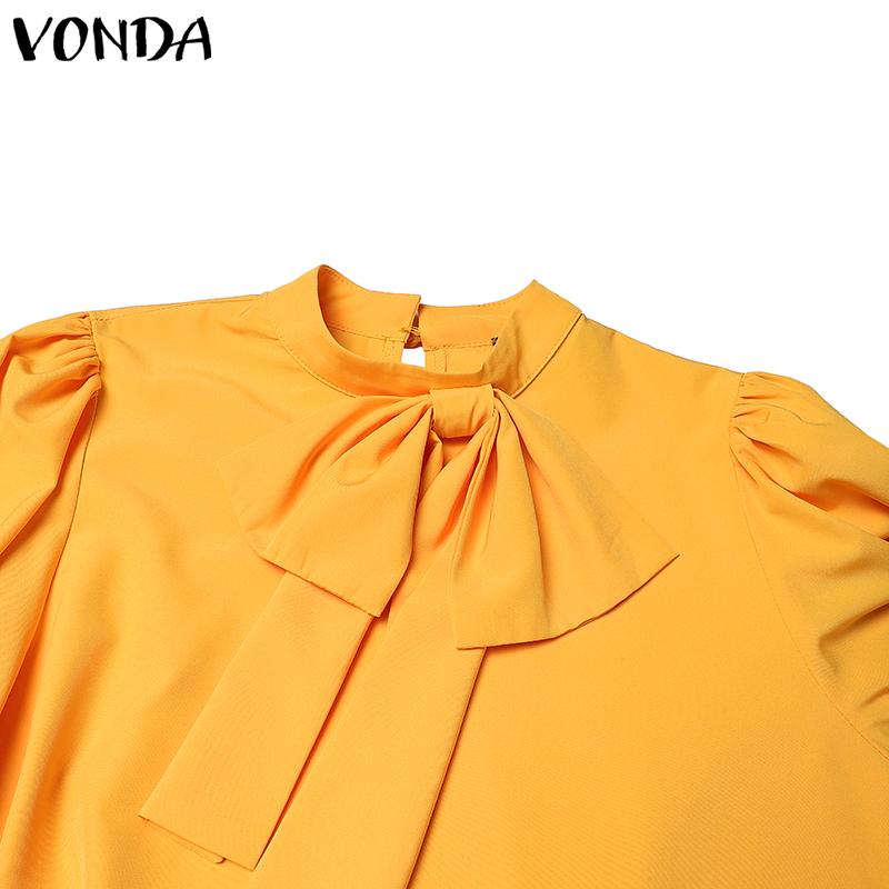 VONDA Women Plus Size Stand Collar Tie Decorated Long Sleeve Solid Color Dresses