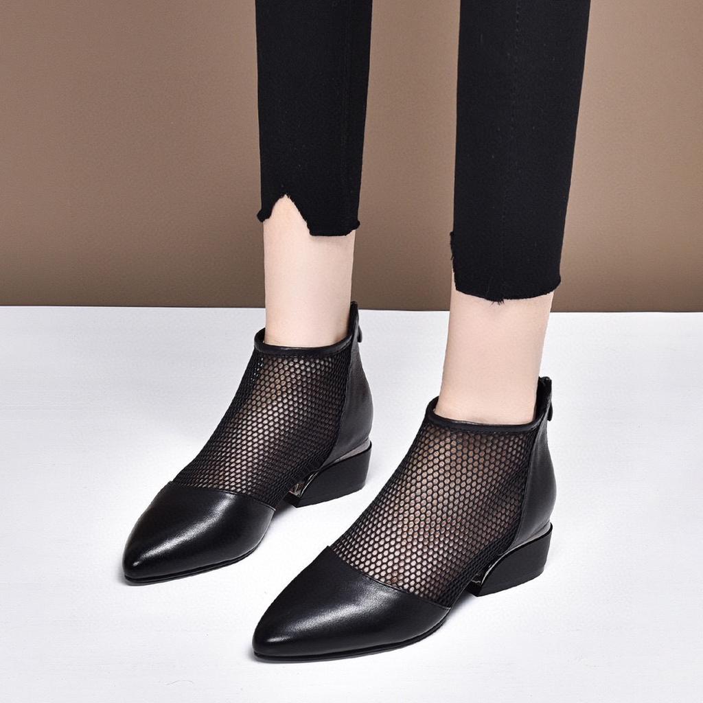 Pointed women's shoes spring new black first-layer cowhide mesh single shoes rear zipper women's fashion shoes