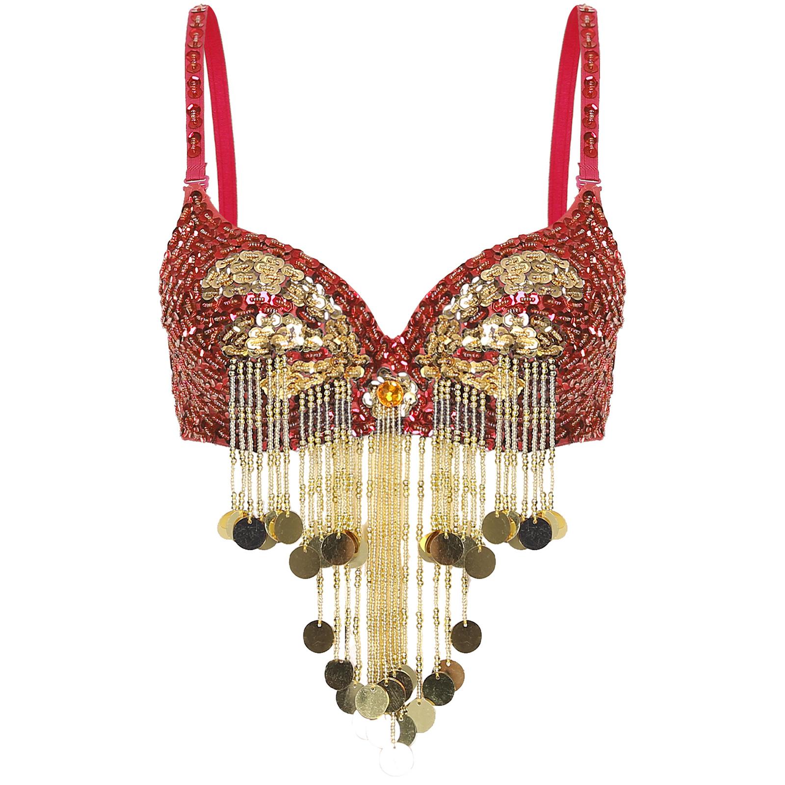 

Womens Beaded Tassels Belly Dance Tops Stage Performance Costume Adjustable Straps Shiny Sequins Underwired Bra червоний
