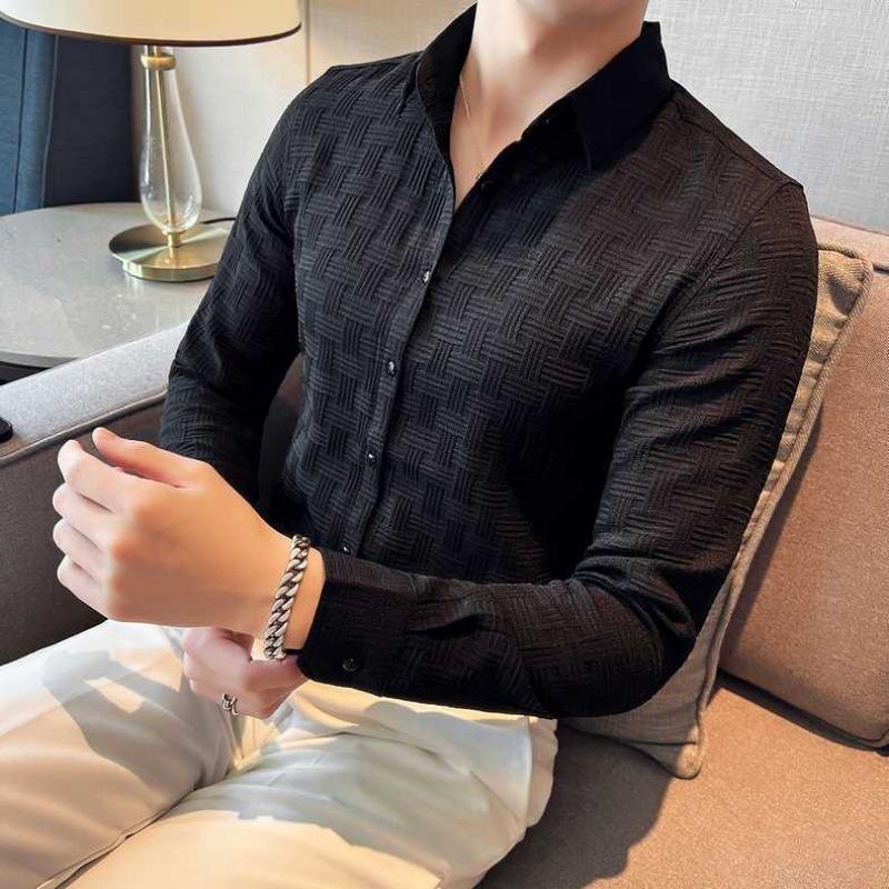 Men's White Textured Slim-Fit Long-Sleeve Shirt Casual Formal Button Top