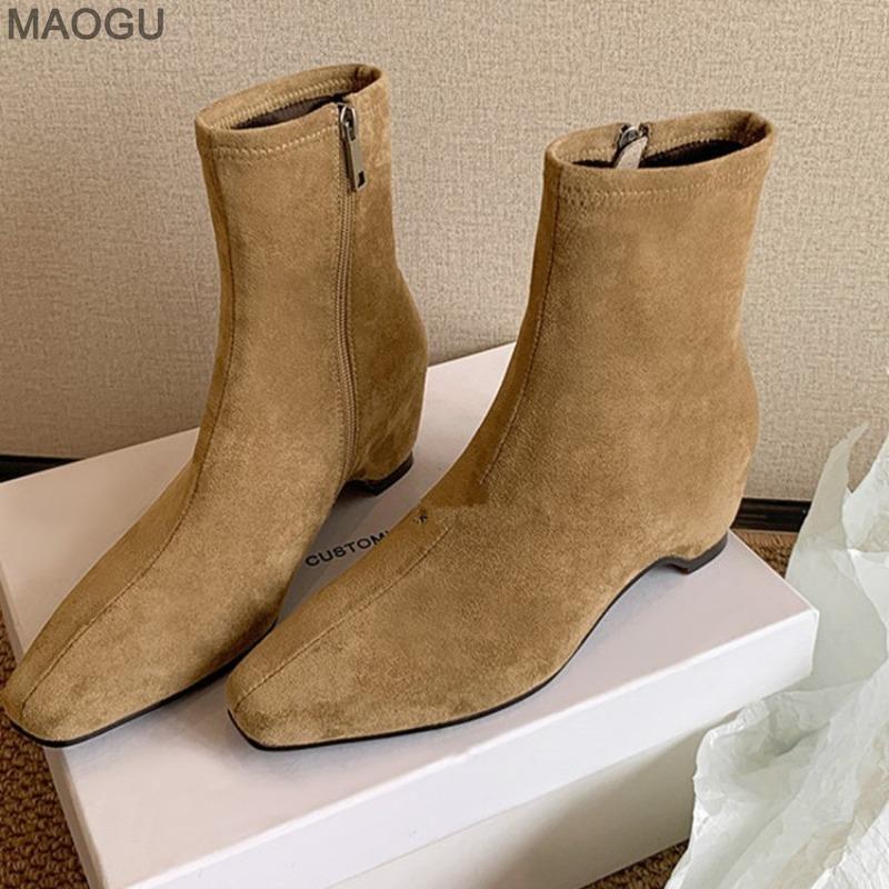 Women's Chunky Platform Ankle Boots 5cm Height Increasing French Retro Office Ladies Fashion Autumn Suede Short Boots Brown