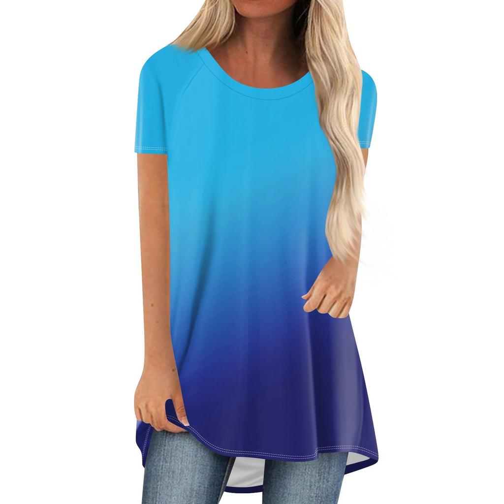 Gradient Color 3D Print Long T-Shirts Women Casual Streetwear Oversized O-Neck Short Sleeve T Shirt Y2K Tops Tees Woman Clothing