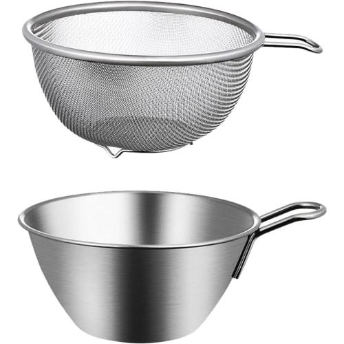 Stainless steel colander and bowl set with handles, perfect for draining rice and other dishes. Also includes a colander and bowl. Perfect for fruit,