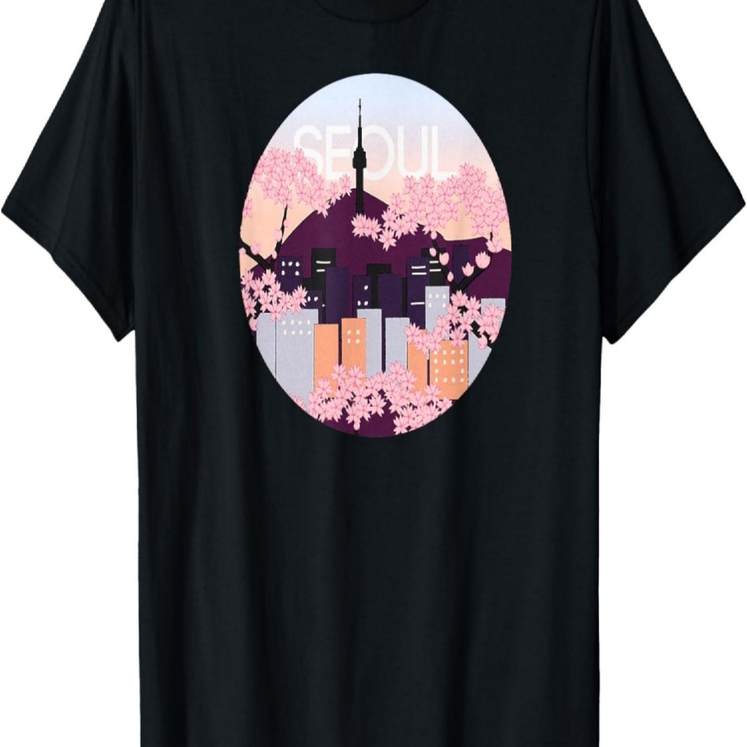 Seoul Tower Skyline South Korea Cherry Blossom T-Shirt T-Shirt S