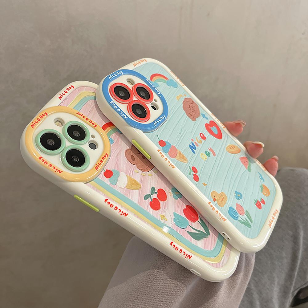 Ölgemälde Niedliche Bären Cartoon Tiere Stoßfeste Stoßstange Handyhülle für iPhone 14 11 12 13 Pro Max Mode Weiche Rückseite Hülle