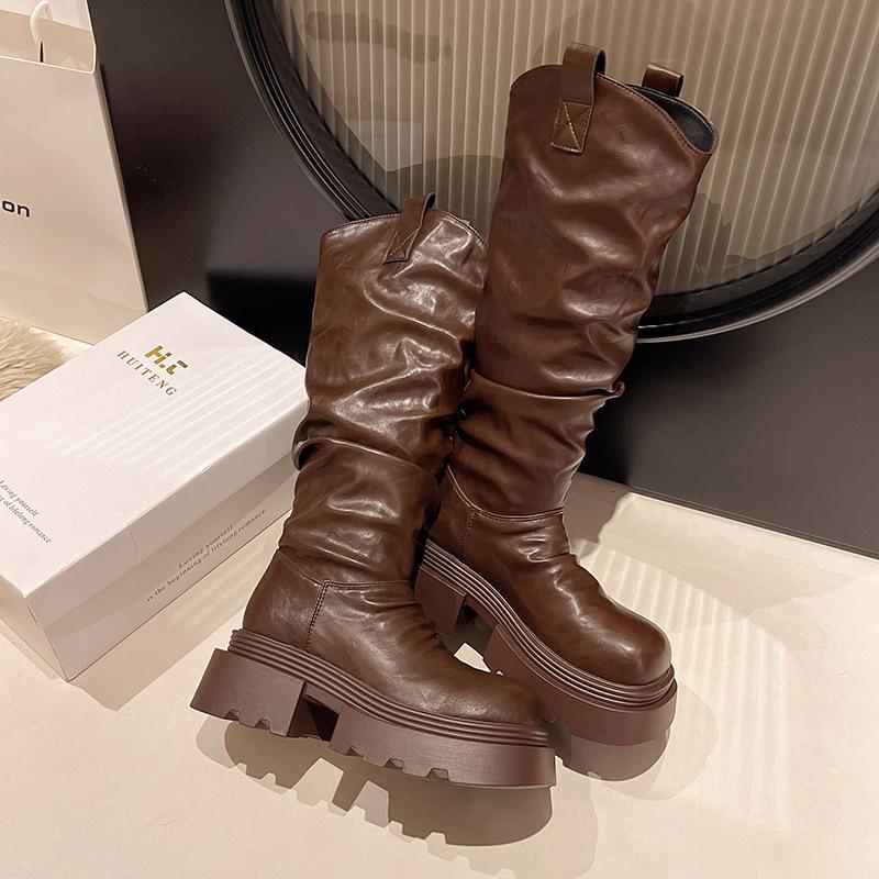 V-mouth pleated stacked high boots women's 2025 autumn and winter new British style but knee fashion and comfortable knight boots INS