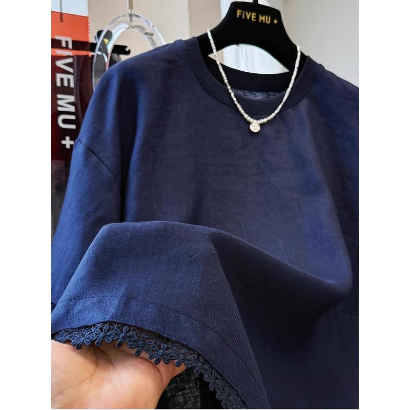 Damen T-Shirt mit kurzen Ärmeln aus Baumwoll-Leinen mit Spitzenbesatz - Schickes & Bequemes Sommeroberteil