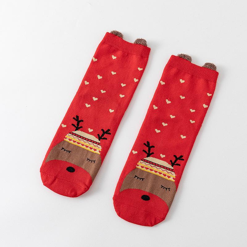 Cute Elk Cartoon Socks with 3D Ears – Red, Cotton for Autumn & Winter, Japanese Style, Perfect for Christmas
