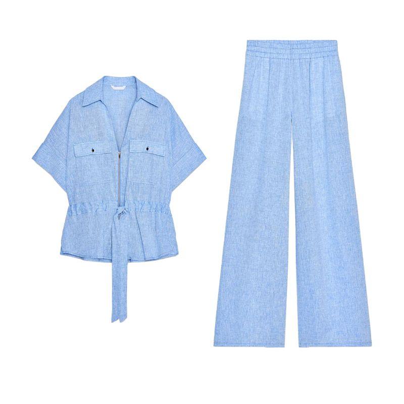 Lapel Short Sleeve Linen Blended Tour Hunting Jacket Shirt 2273996 High Waist Wide Leg Pants 2116996