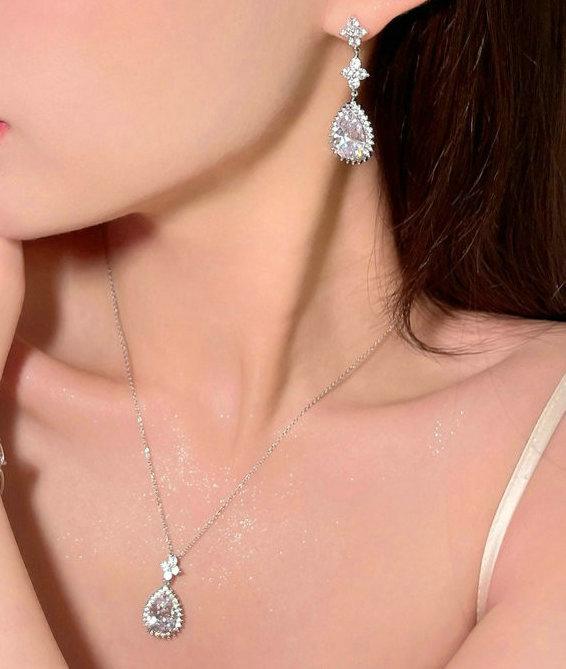 Princess Teardrop Gem Bracelet, Galaxy Bright, 18K Gold Plated, Water Drop Large Carat Zircon Earrings, Necklace