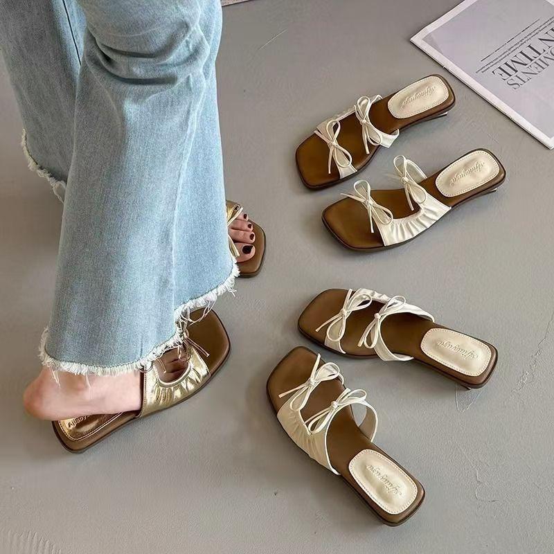 Versatile Thick Heel Square Head Open-toed Sandals Summer New Bow Outer Slippers Women