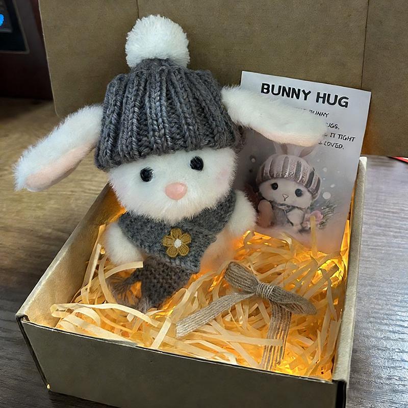 Handmade Mini Bunny Hug Cute Easter Gift, With Light Inspirational Card, Easter Soft Rabbit Pocket Gifts, Stuffed Bunny Decor серый