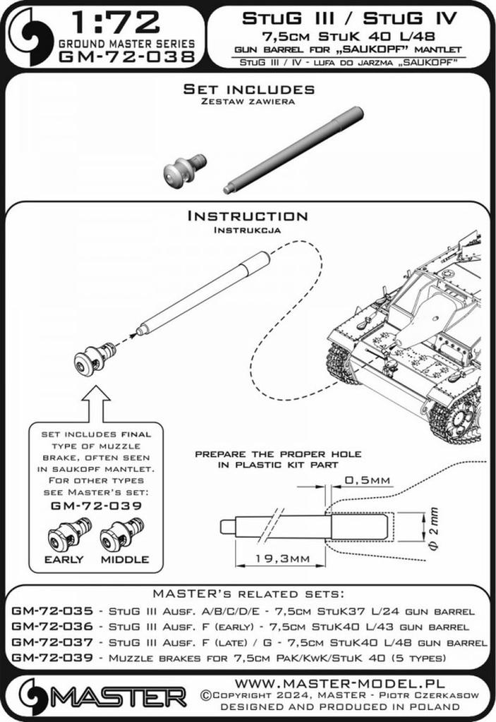 Master Model WW2 German StuK 40 Barrel StuG Plastic Model Parts 1/72 7.5cm L/48 (for III/IV Saukopf) GM-72-038 (Tank)