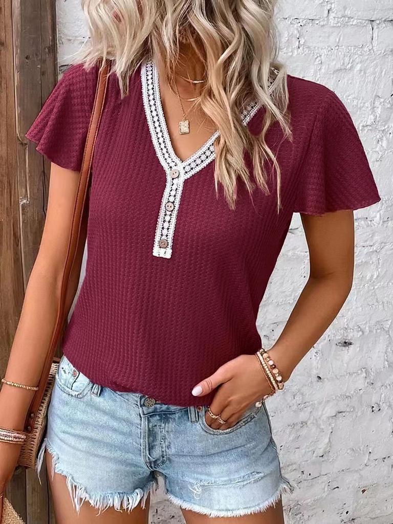 Women's Solid Color V Neck Waffle Panel Short Sleeve T-Shirt