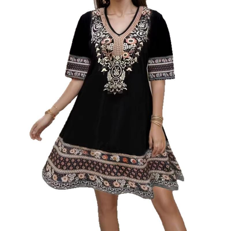 Damen kurzärmeliges V-Ausschnitt lockeres Kleid im ethnischen Stil