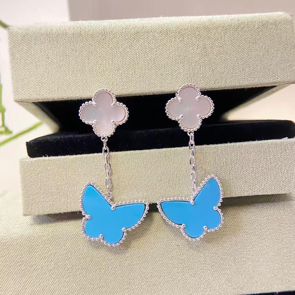 Vysoce kvalitní náušnice čtyřlístek s přezkou, dvojitý květ, perleť, modrý tyrkys, klasické dámské, motýlkové, univerzální, jednoduché náušnice