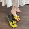 2025 New French Bow High-heeled Slippers with Thin Heels Versatile Square Head Fairy Wind Open-toed Cool Slippers