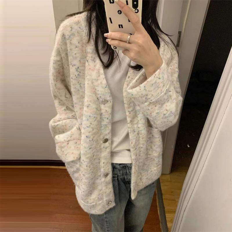 V-neck long-sleeved knitted cardigan sweater women's autumn and winter new college style loose coat top thickened