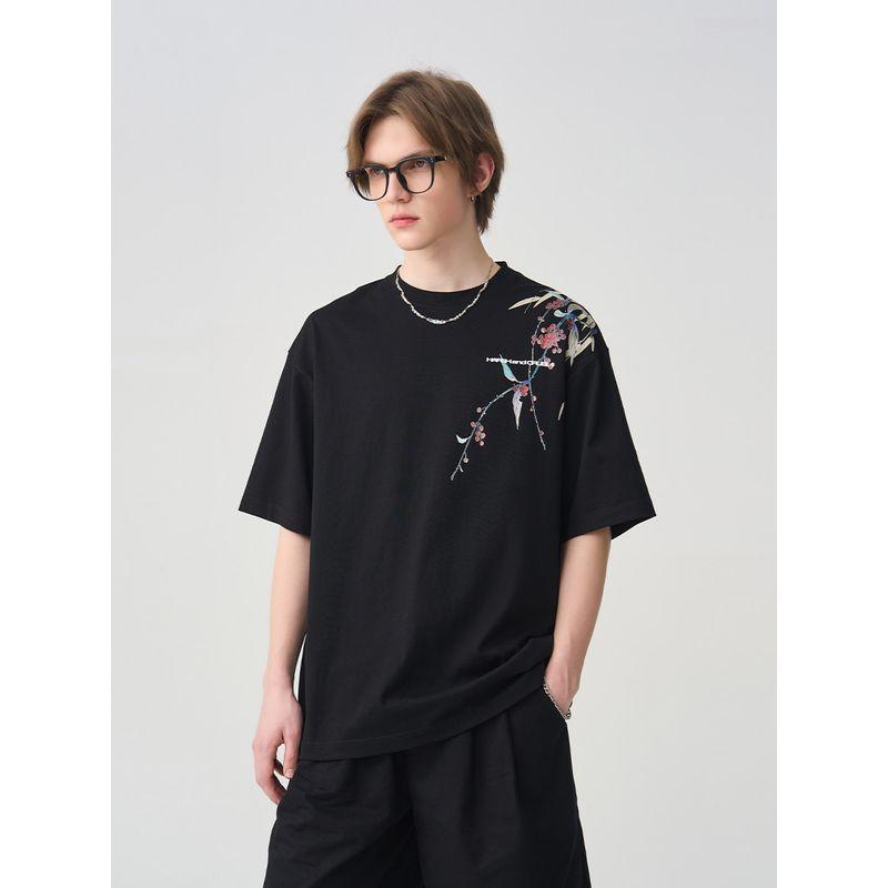 HACR's Harshandcruel New Chinese Style over-the-Shoulder Ink Painting Florals Print Short Sleeve T-shirt