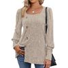 Women's Ribbed Square Neck Puff Sleeve Sweater Tee with Slit, Long Sleeve Casual Top