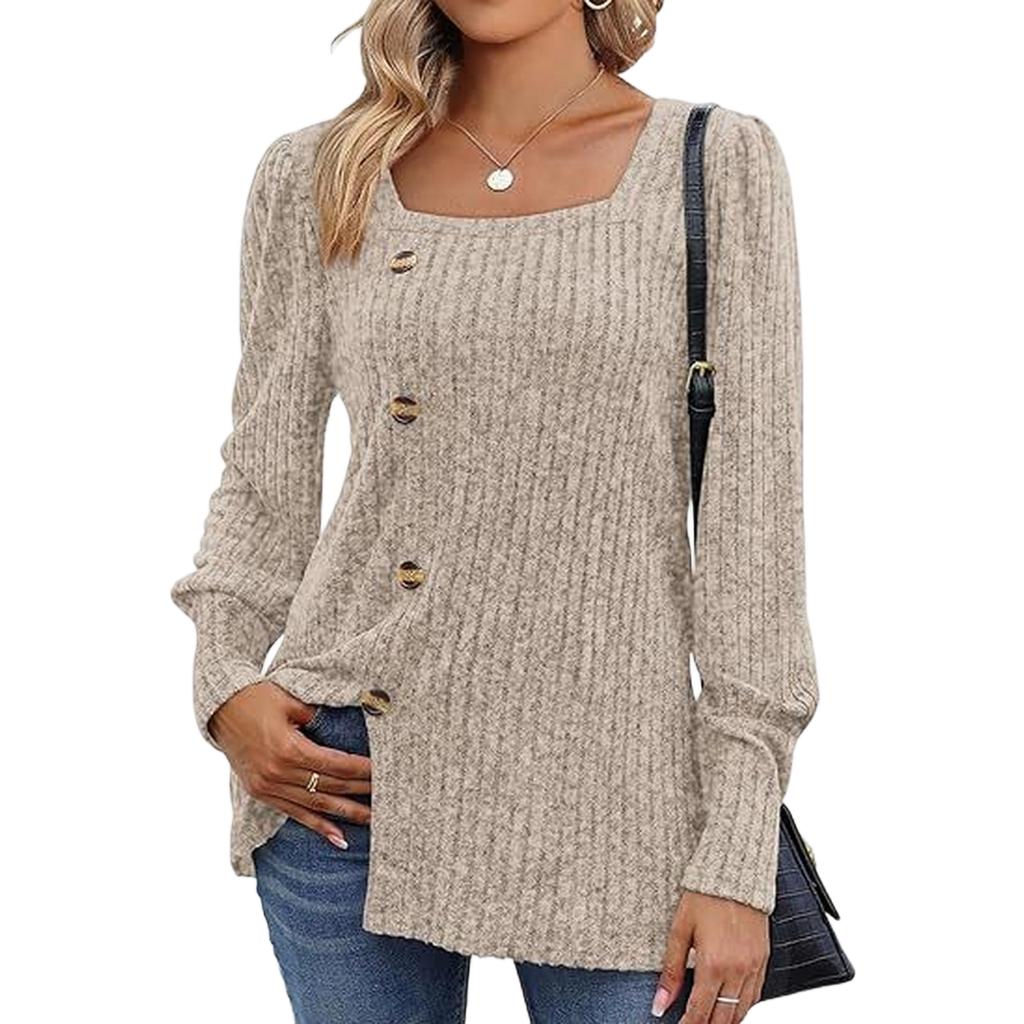 Women's Ribbed Square Neck Puff Sleeve Sweater Tee with Slit, Long Sleeve Casual Top