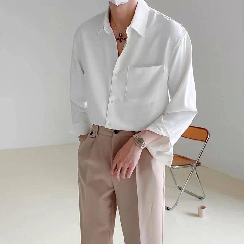 Men's Loose Long-sleeved Shirt, Wrinkle-free Solid Color Shirt.