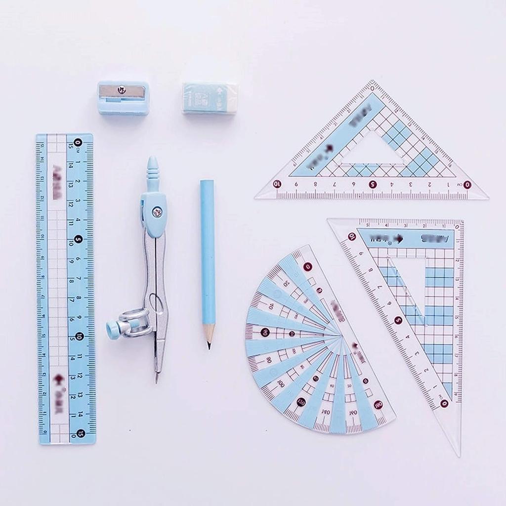 Compasses Student Geometry Set Math Compass Divider, Set Squares, Ruler, Compasses and Protractor, 8 Piece Set Measuring Tools(Pink)