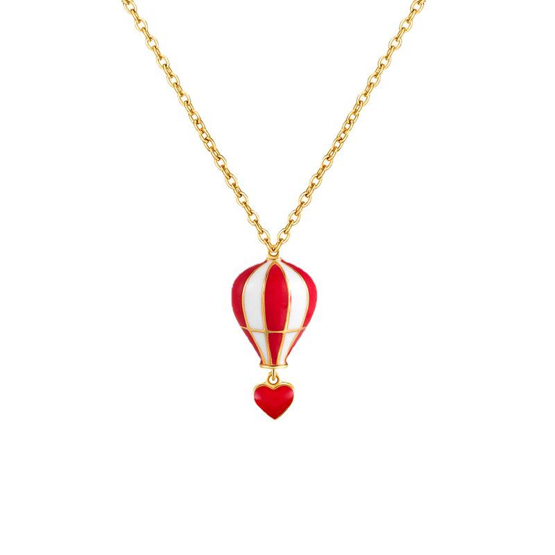 S925 Sterling Silver Gold Plated Red Heart Clavicle Chain Hot Air Balloon Necklace - Japanese & Korean Design for Women
