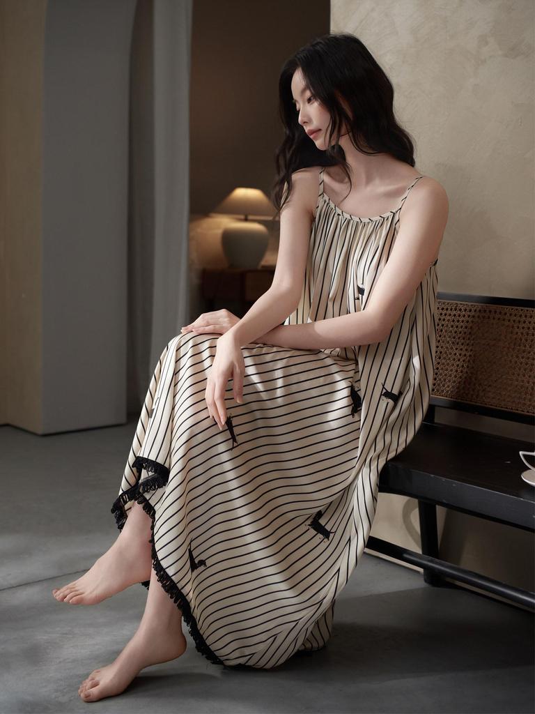 Women's Summer Ice Silk Spaghetti Strap Striped Nightgown