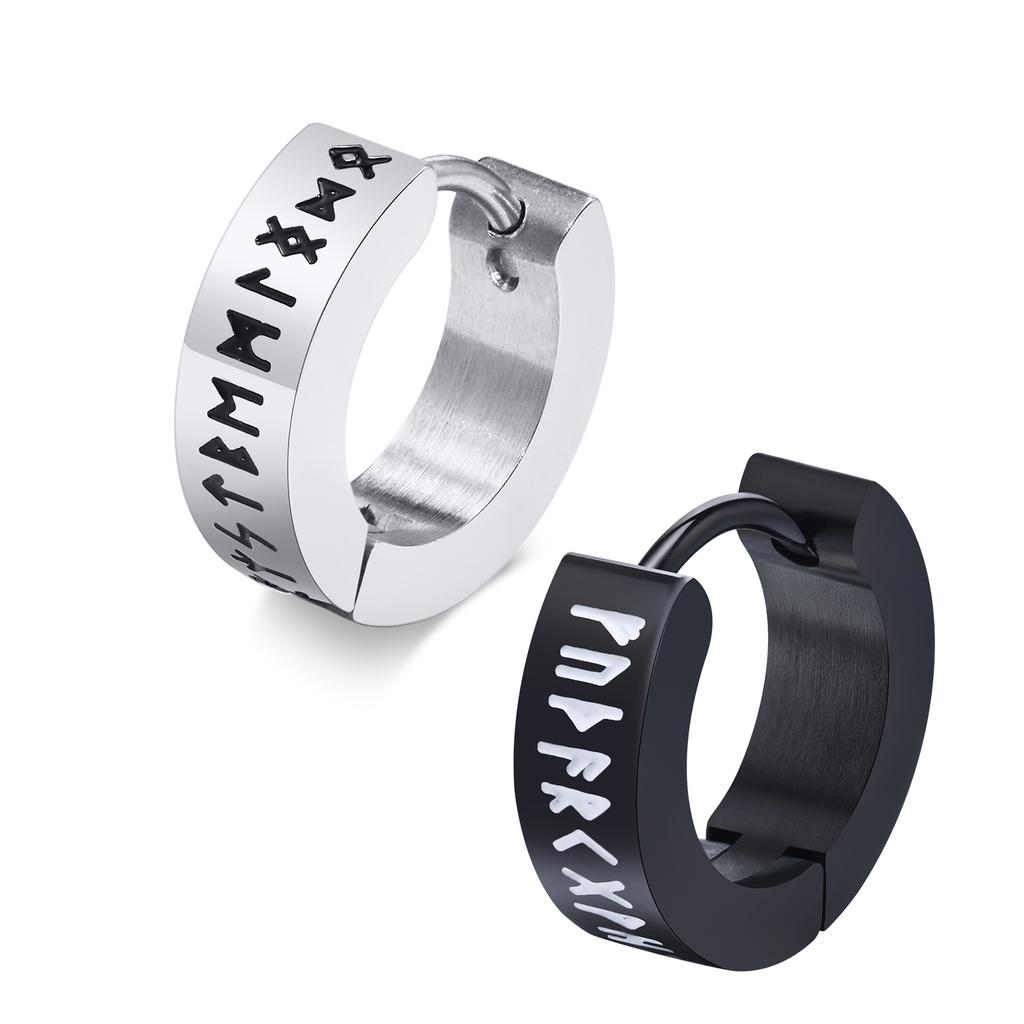 Rock Punk Norse Viking Runes Hoop Earrings for Men, Waterproof Stainless Steel Huggie Hoops Ear Gift Jewelry, Brincos Masculinos