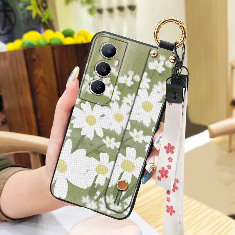 Phone Holder Durable Phone Case For Realme C65 Oil Painting Anti-dust Flower Silicone Shockproof Wristband Waterproof