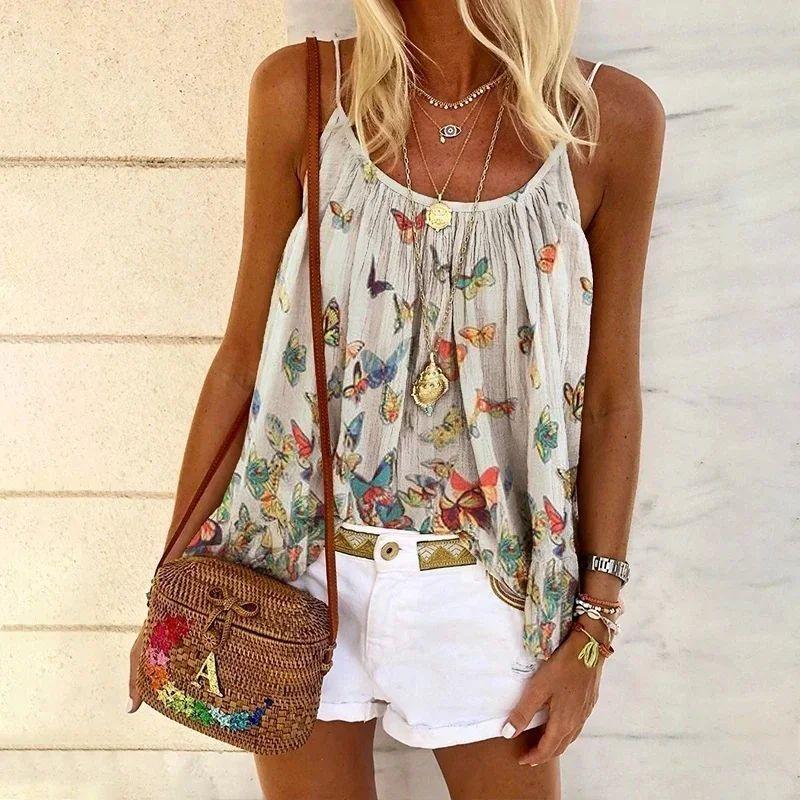 Butterfly Print Halter Top T-shirt Fashion Butterfly Print Sling Tops T-shirt for Women