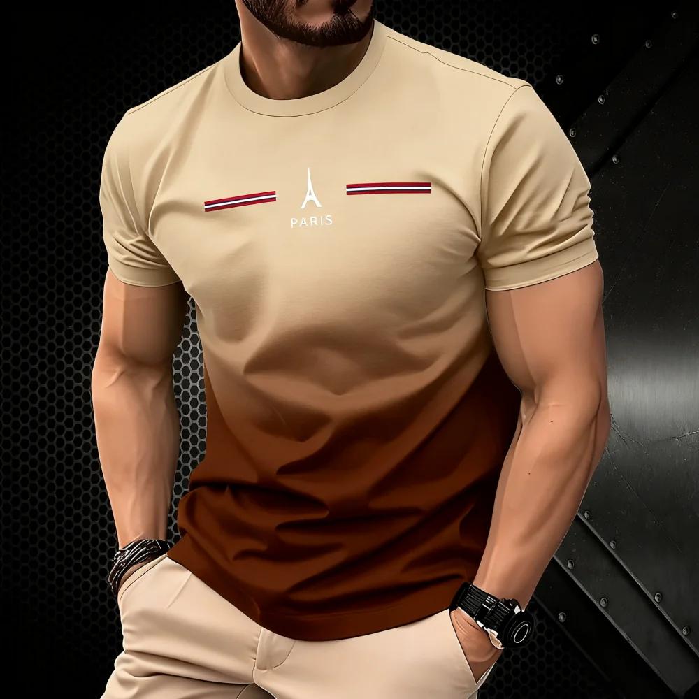 Summer Men's Clothing 3D Gradient Simple Paris Printed Men's T-Shirt Daily Fashion Oversized  Sports Round Neck Short Sleeve Top