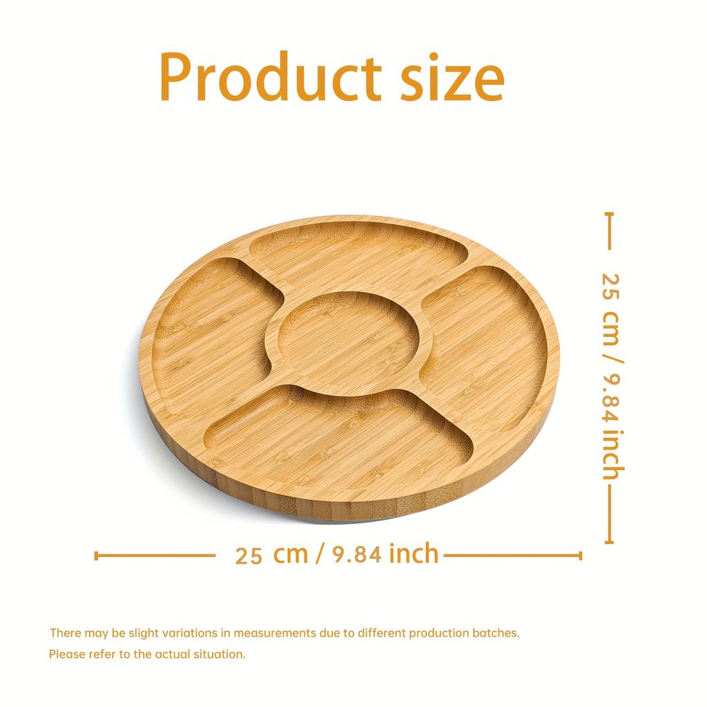 Bamboo Snack Tray with Dividers 5 Compartment Serving Plate for Fruit, Candy, Party