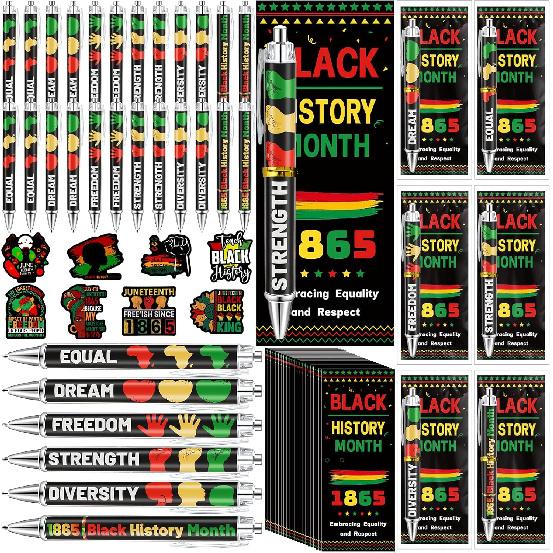 178 Pcs Black History Month Pens Gifts Black History Month Office Classroom Reward Sets Bulk Black History Ink Pens Bookmarks and Stickers for