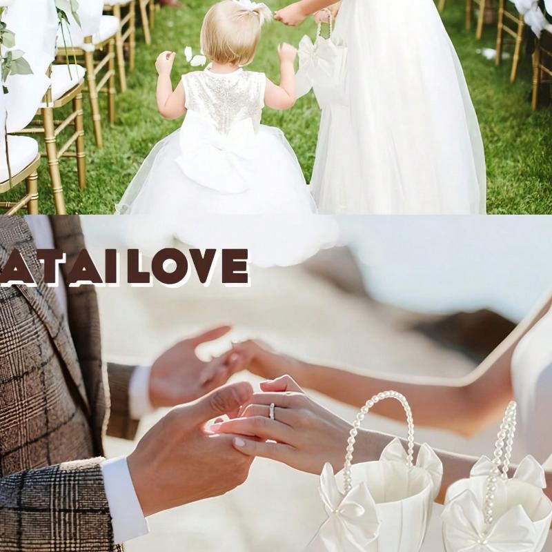 1Pc Bow Faux Pearl Wedding Flower Basket White Bow Flower Basket Satin Flower Basket Suitable For Party Decoration Gifts