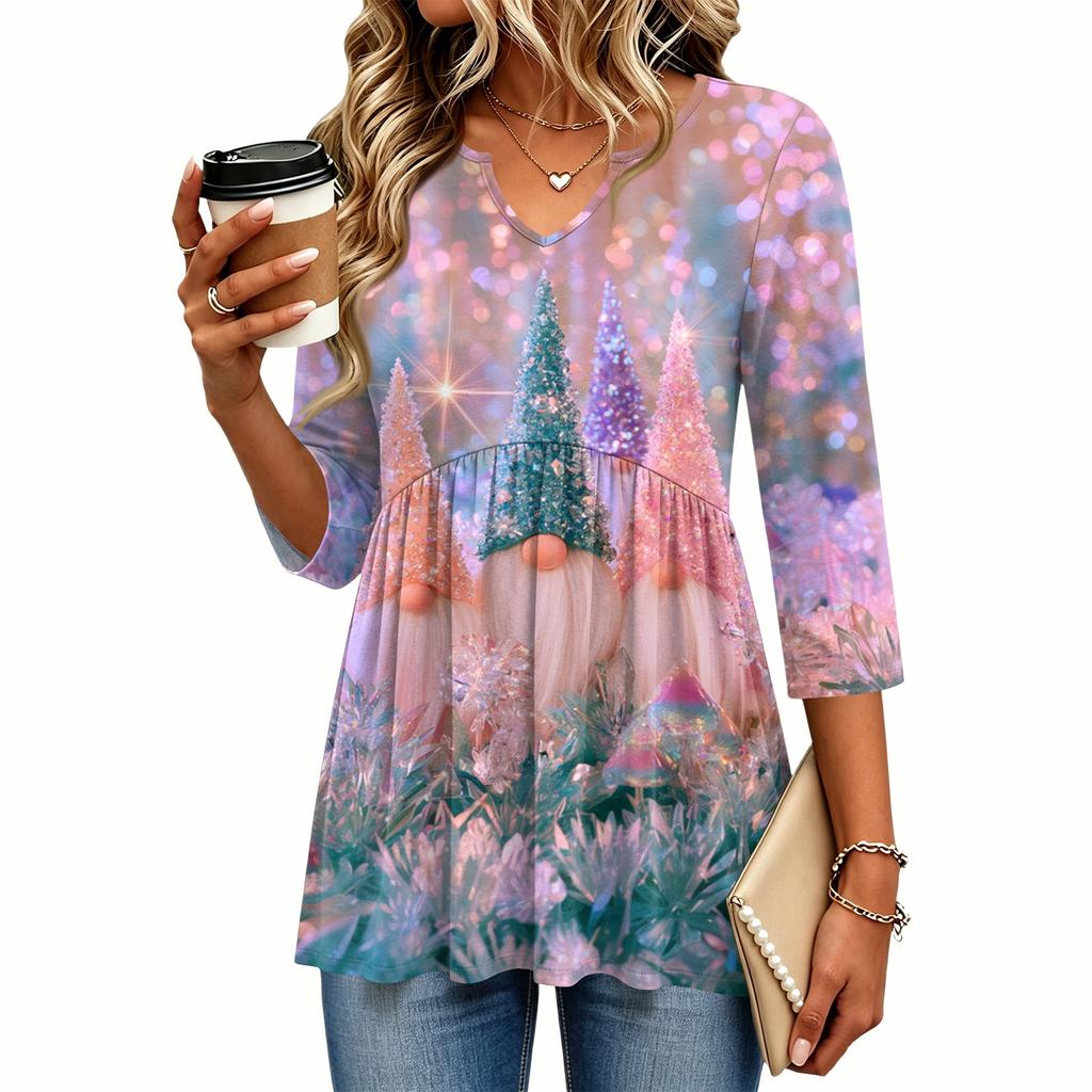 Women's Casual V-Neck Three-Quarter Sleeve Christmas Print Blouse for Holiday Party