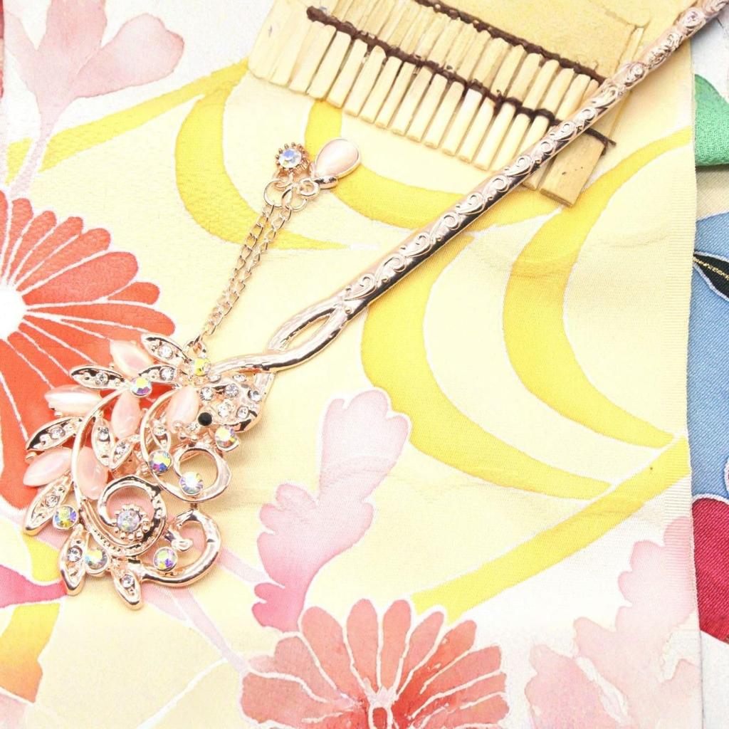 [MiaoMiao] Kanzashi (hairpin) - Single Piece - Japanese Style - Formal Kimono, Yukata, Etc. - Metal - Peacock Design - Crystal - Pink Gold - Hair