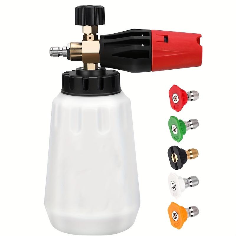Adjustable Nozzle Foam Cannon, 1L Thick Bottle, 1/4" Quick Connect, 5 Nozzles with Base, for Pressure Washers, Battery-Free