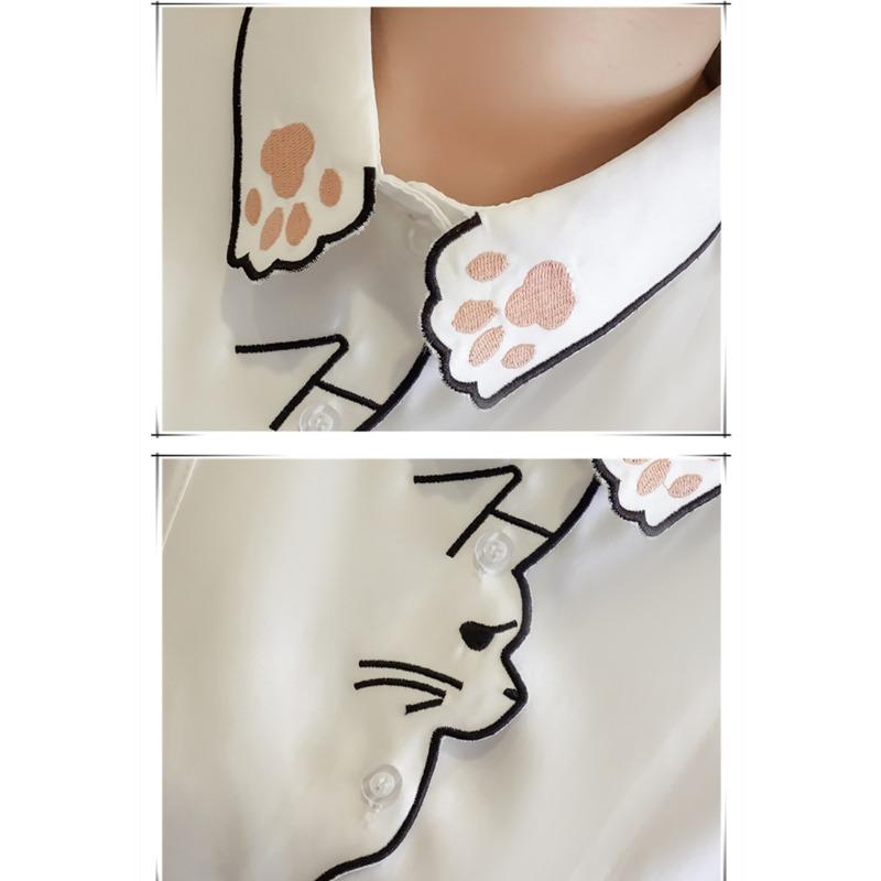 2023 Spring Autumn Cute Top Cat Embroidery Blouse White Long Sleeve Shirt Women Clothing Top Single Breasted Cardigan