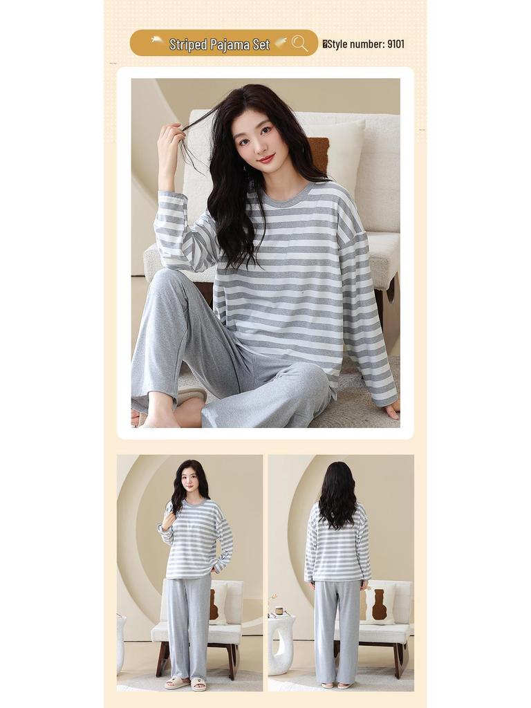 Pyjama d'automne pour femme à col rond rayé à manches longues avec coussinets de poitrine - Ensemble décontracté grande taille pour la maison et l'extérieur