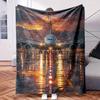 A Plane Is Sitting On The Runway As The Sun Sets - Themed Blanket - Comfortable Flannel Fabric Hypoallergenic Suitable for All Sea