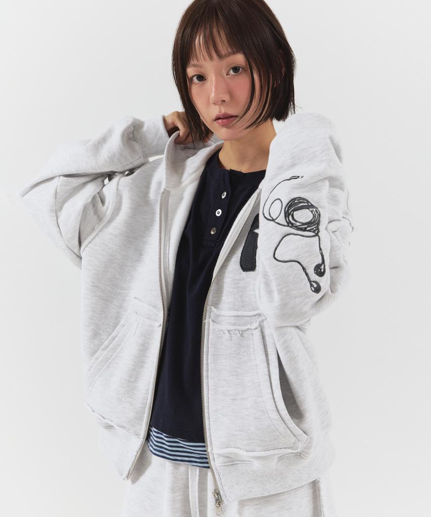 Parakeet Cutoff Applique Zip-Up Hoodie (Melange Gray)
