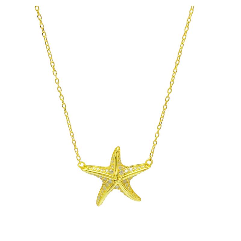 Women's Starfish Necklace: 925 Sterling Silver with Real Gold Electroplating, Exquisite Ocean Series Pendant, Fashionable & Elegant Design.