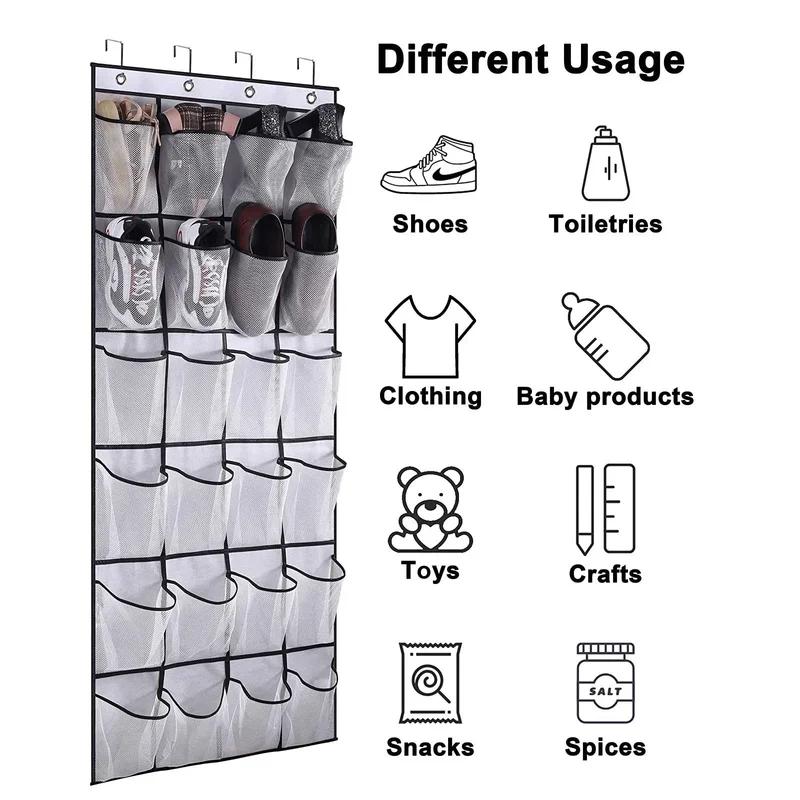 24 Grid Wall-mounted Sundries Shoe Organiser Fabric Closet Bag Storage Rack Mesh Pocket Clear Hanging Over The Door Shoe Rack