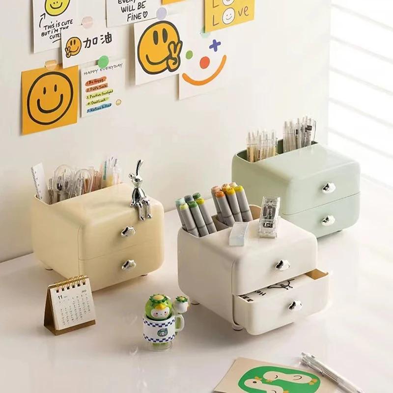 Mini Desktop Storage Box Students Simple Stationery Drawer with Pen Holder Children's Desk Sundries Hair Accessories Organizer